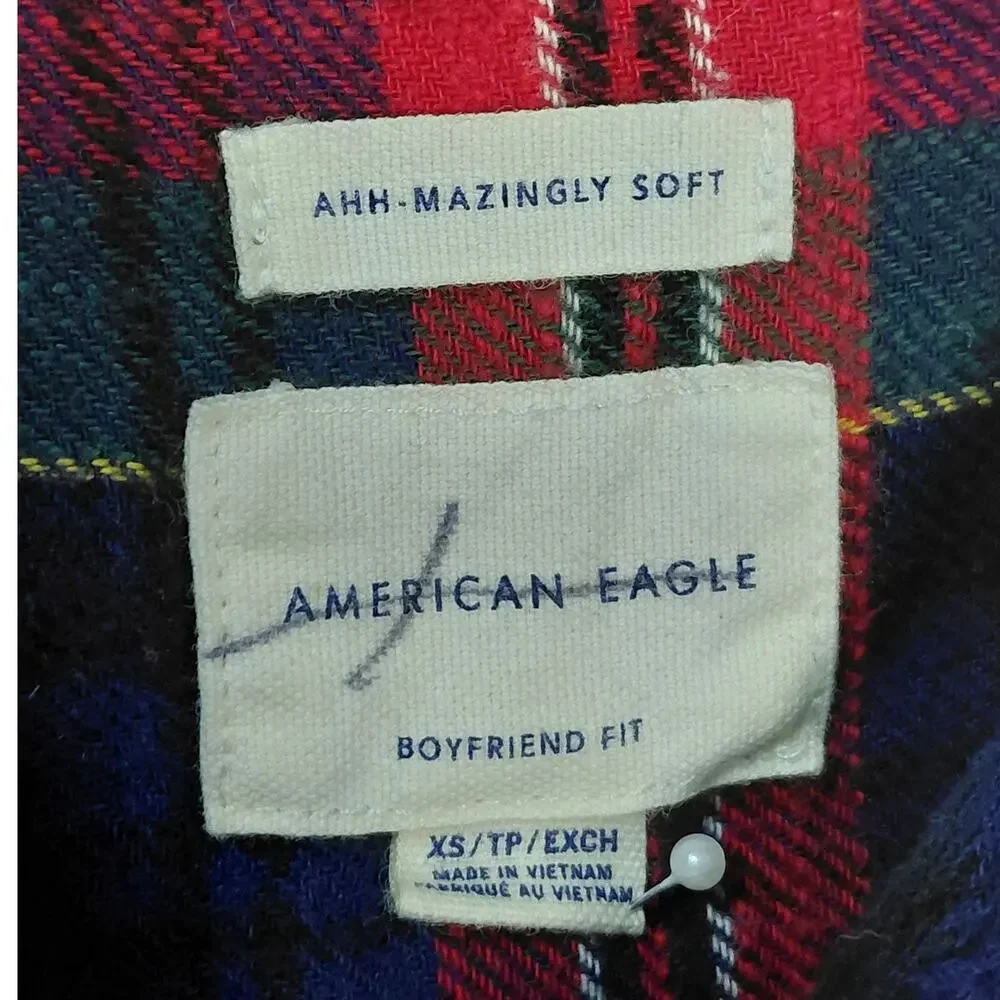 American Eagle Boyfriend Red Plaid Button-Up Shirt Women Size XS